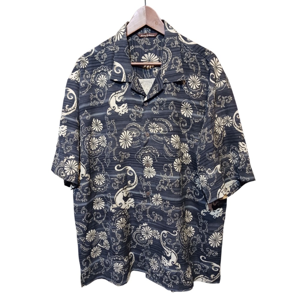 Tommy Bahama Hawaiian Shirt Drag N Racing Mens XL Silk Short Sleeve Black